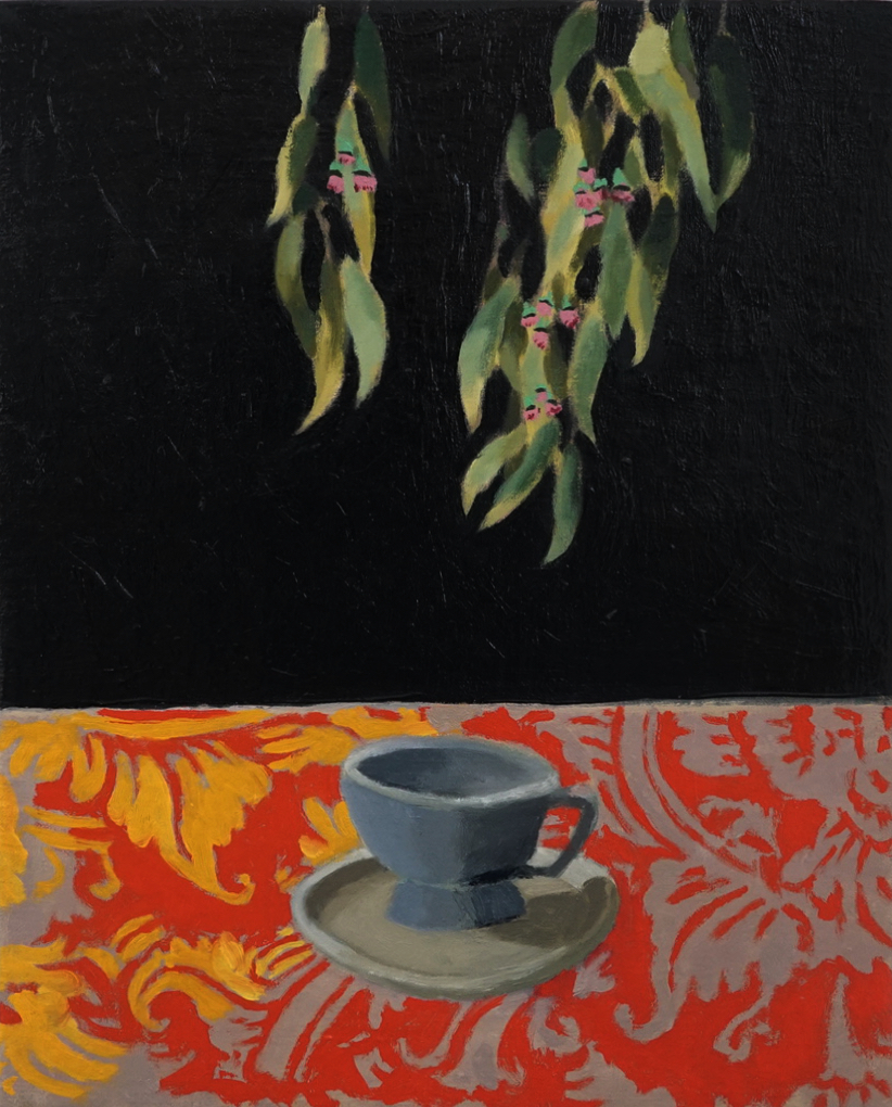 Image of painting by nils benson. Oil on canvas eucalyptus leaves dangle in darkness above a red and gold patterned area on which a tea cup has been painted.
