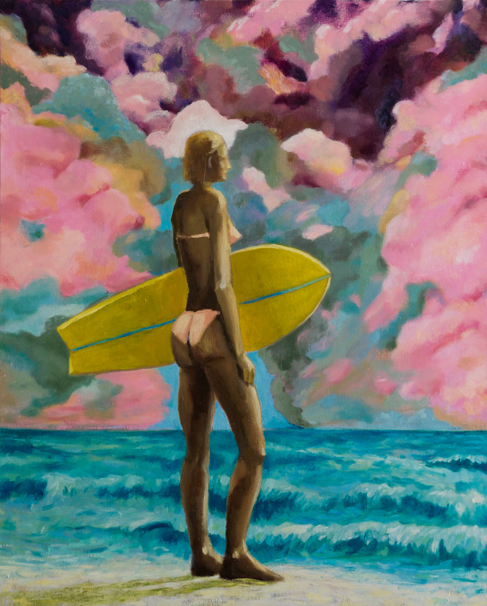 Oil painting of woman standing on beach holding a yellow surf board